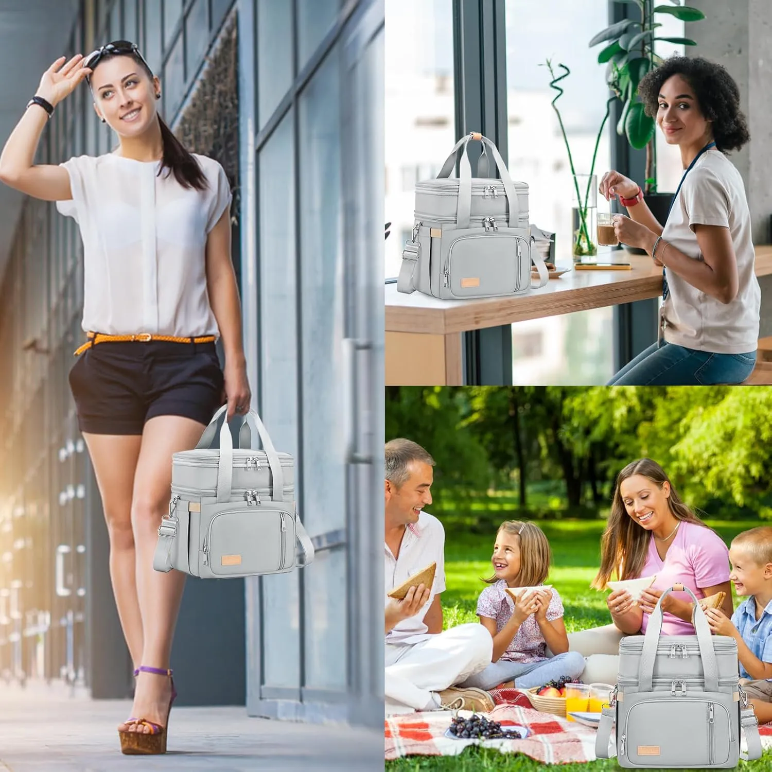 Lunch Box for Men Women - Double Deck Insulated Lunch Bag, Large Leak Proof Tote Cooler, Wide Open Dual Compartment Lunch Bags with Shoulder Strap, For Work Picnic Hiking Beach, Grey
