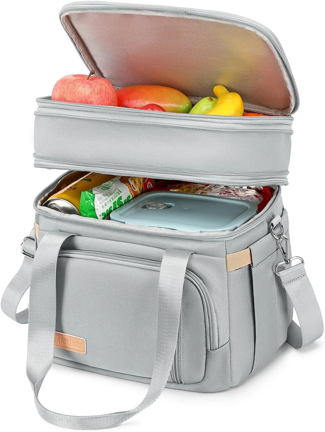 Lunch Box for Men Women - Double Deck Insulated Lunch Bag, Large Leak Proof Tote Cooler, Wide Open Dual Compartment Lunch Bags with Shoulder Strap, For Work Picnic Hiking Beach, Grey