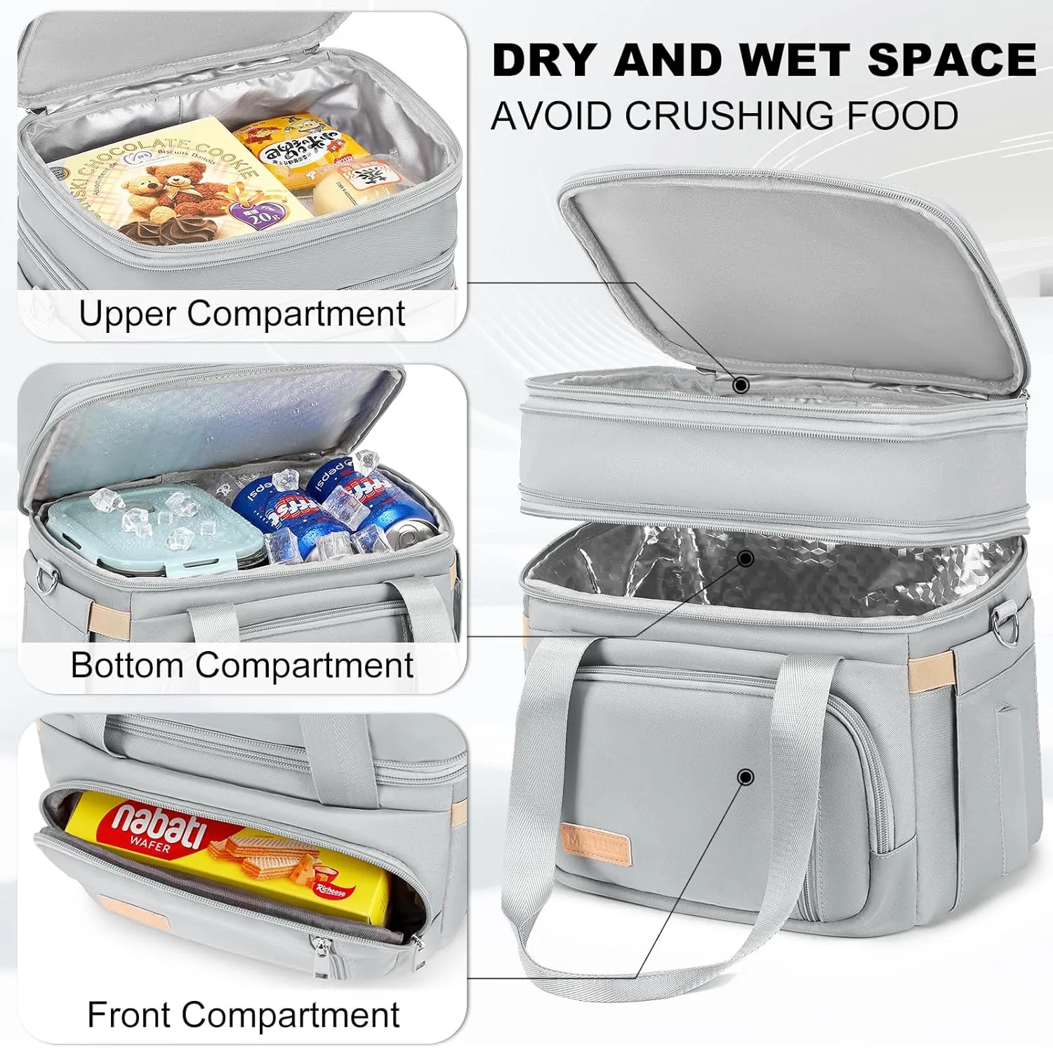 Lunch Box for Men Women - Double Deck Insulated Lunch Bag, Large Leak Proof Tote Cooler, Wide Open Dual Compartment Lunch Bags with Shoulder Strap, For Work Picnic Hiking Beach, Grey