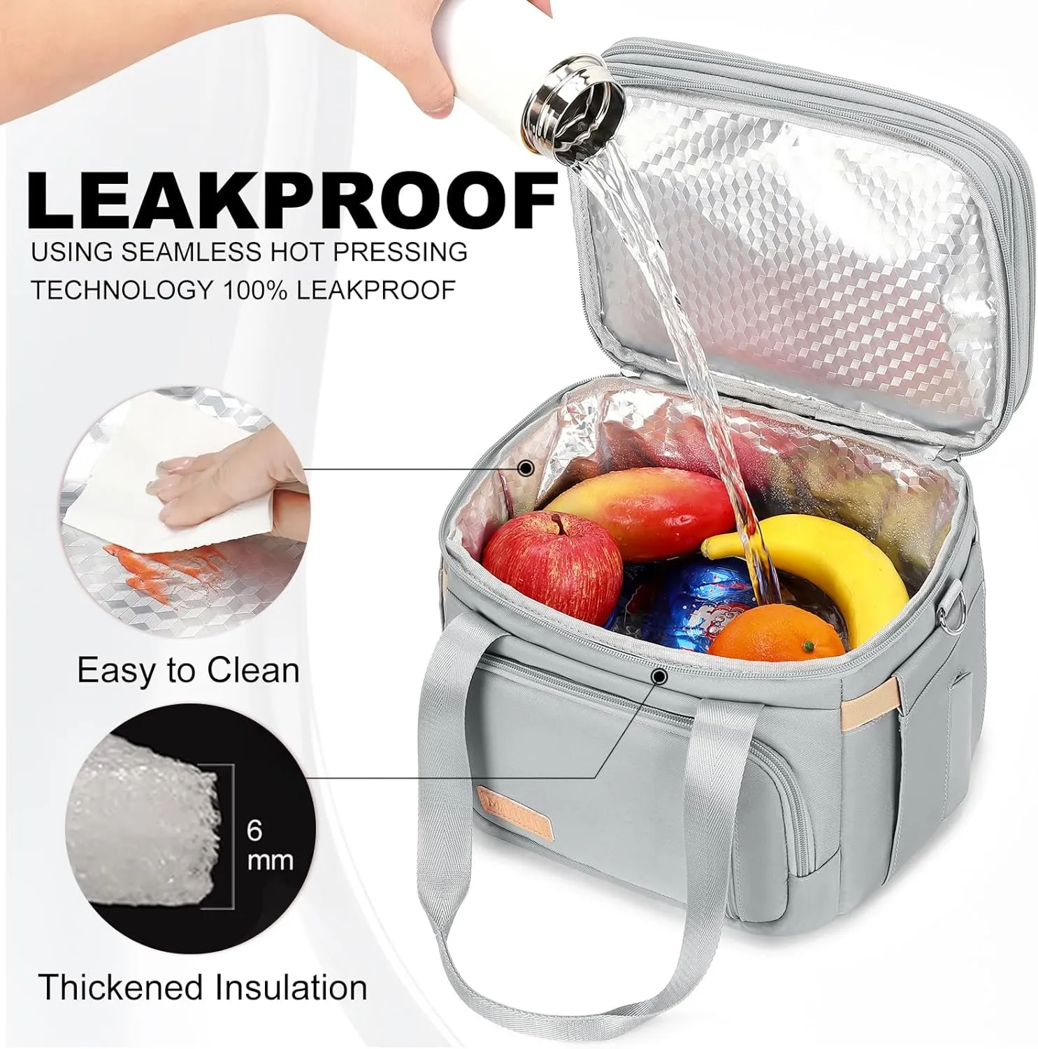 Lunch Box for Men Women - Double Deck Insulated Lunch Bag, Large Leak Proof Tote Cooler, Wide Open Dual Compartment Lunch Bags with Shoulder Strap, For Work Picnic Hiking Beach, Grey