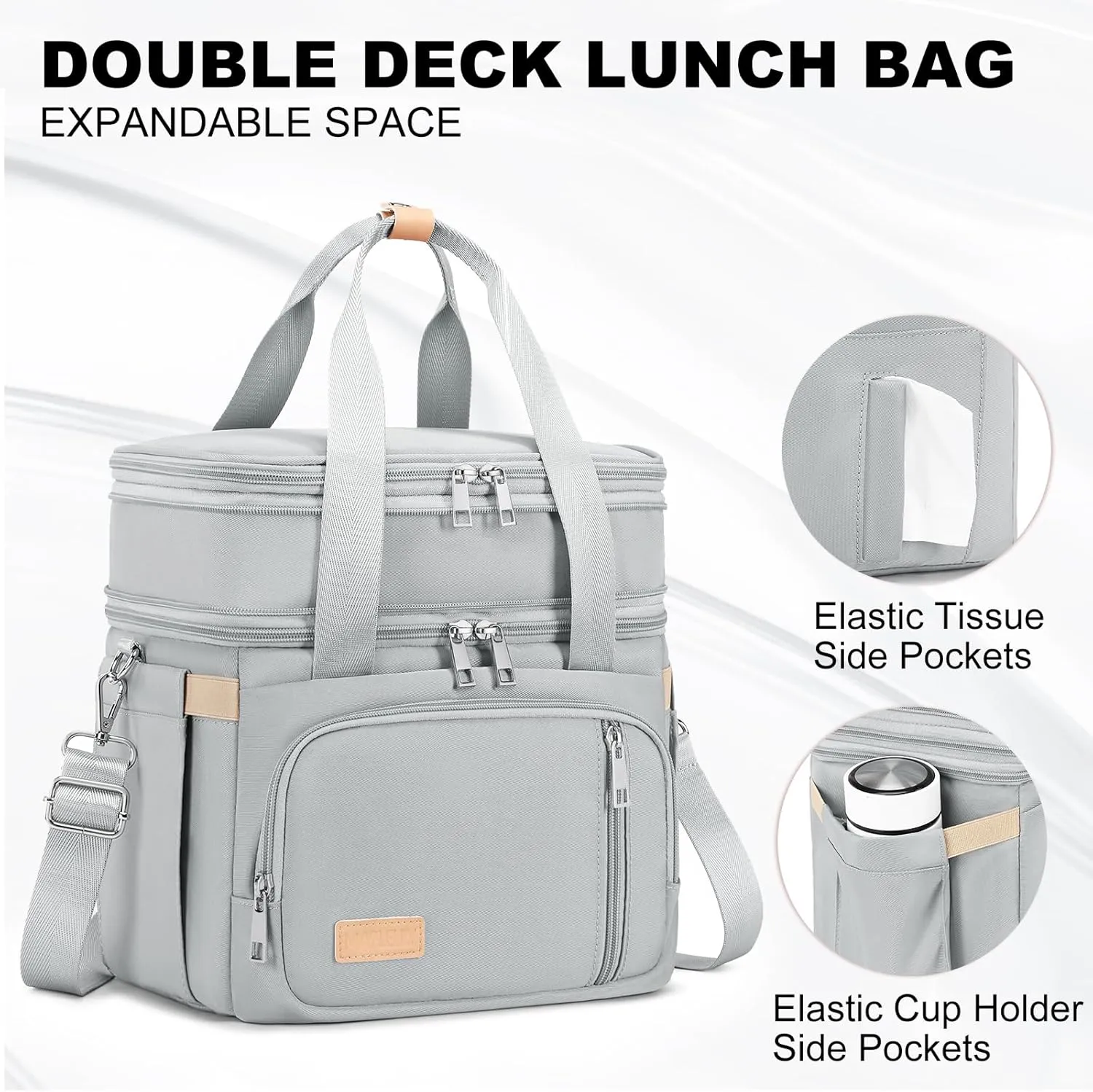 Lunch Box for Men Women - Double Deck Insulated Lunch Bag, Large Leak Proof Tote Cooler, Wide Open Dual Compartment Lunch Bags with Shoulder Strap, For Work Picnic Hiking Beach, Grey