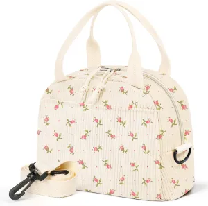 Lunch Box for Women,Floral Lunch Bag Cute Corduroy Insulated Lunch Box With Shoulder Strap for Adult Womens for Work Picnic (small floral)