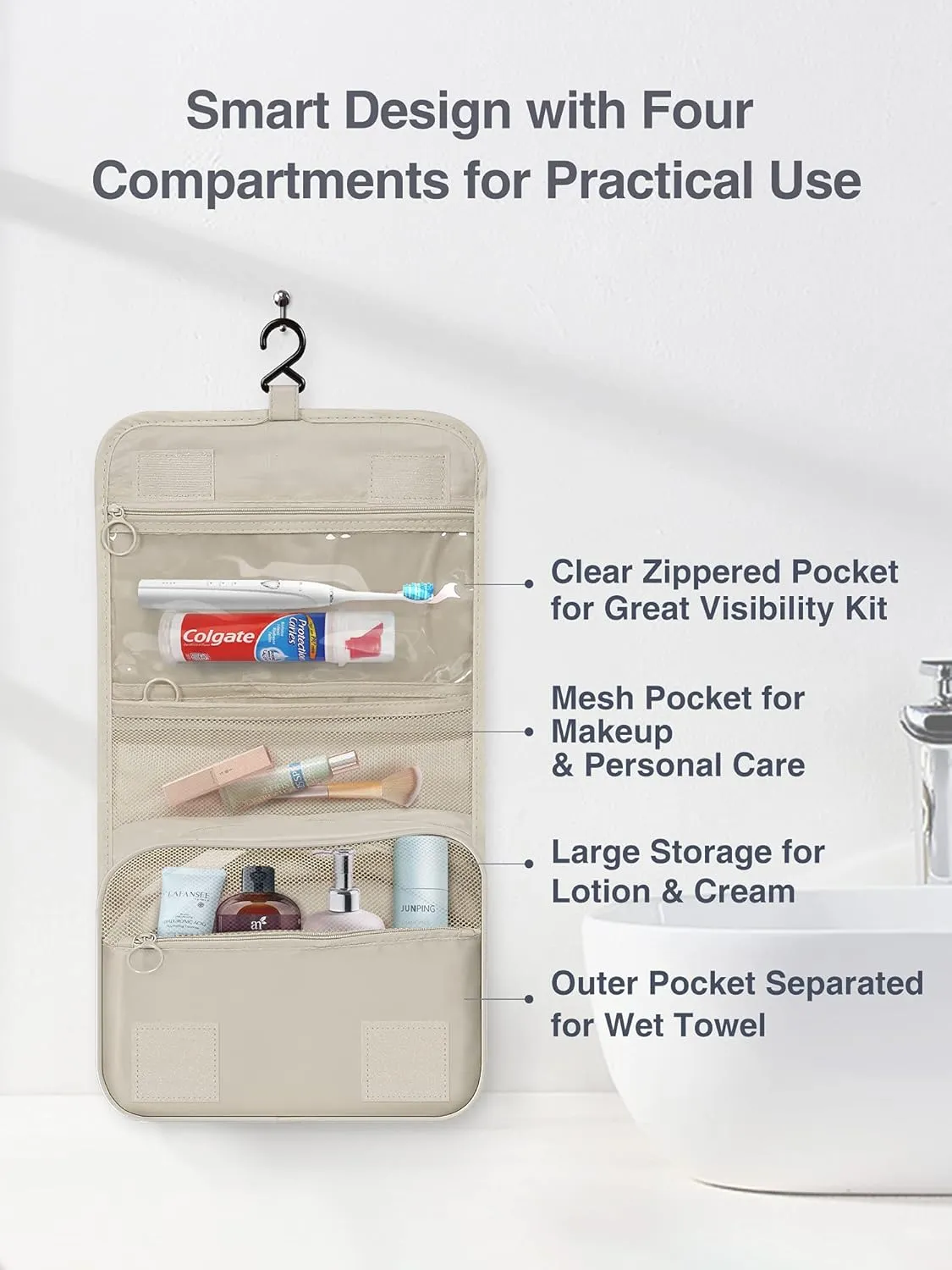 Luxtude Hanging Toiletry Bag for Women with Hanging Hook, Water-resistant Traveling Toiletries Bag, Portable Toiletry Travel Organizer Bag for Toiletries, Shower, Bathroom, Cosmetics Accessories etc.
