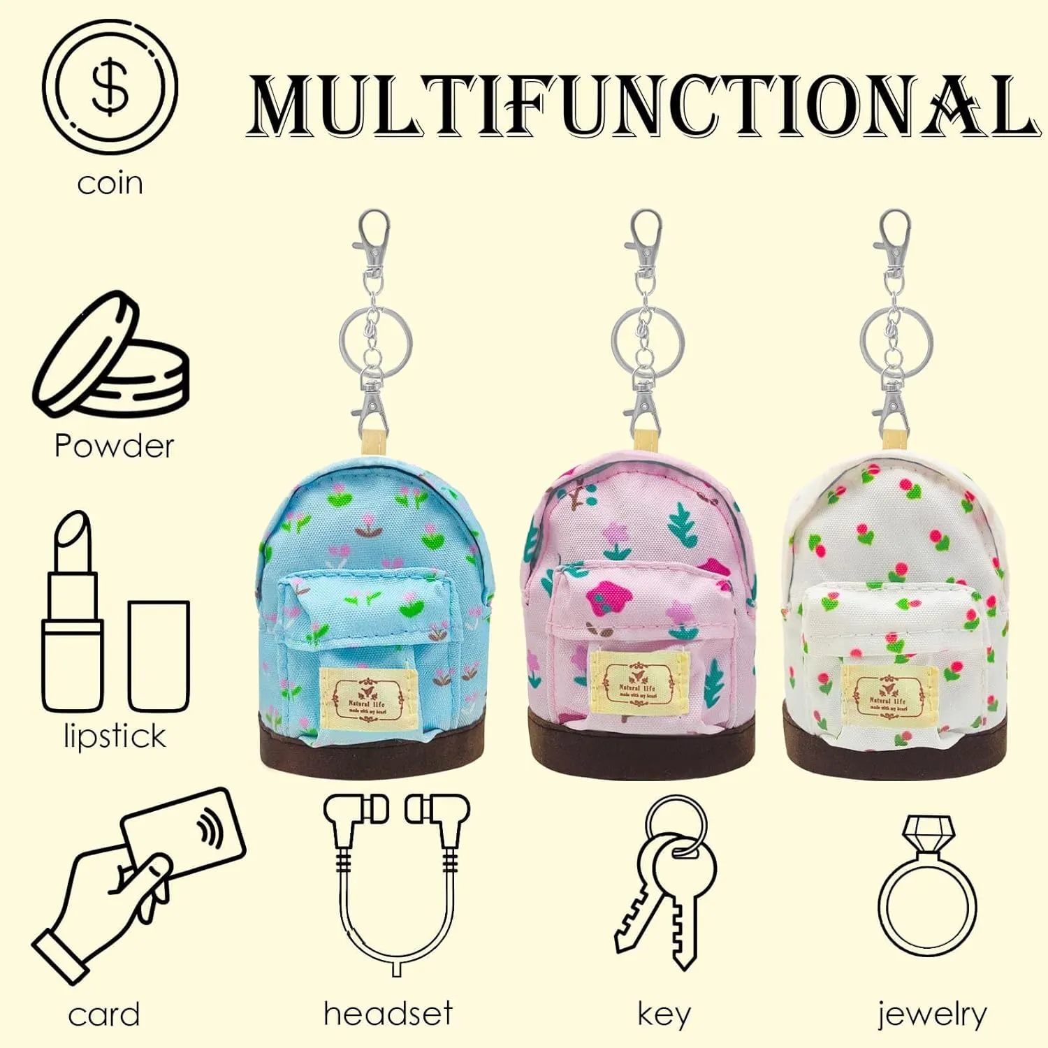 LYDZTION 3Pcs Mini Backpack Cute Cosmetic Bag for Women,Floral Canvas Makeup Bag Key Pocket Lipstick Bag Card Holder Data Cable Organizer Zipper Pouch, Beige Pink Blue