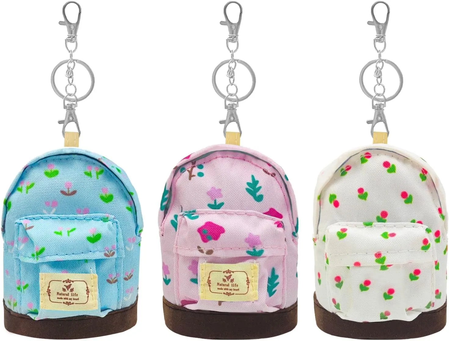 LYDZTION 3Pcs Mini Backpack Cute Cosmetic Bag for Women,Floral Canvas Makeup Bag Key Pocket Lipstick Bag Card Holder Data Cable Organizer Zipper Pouch, Beige Pink Blue