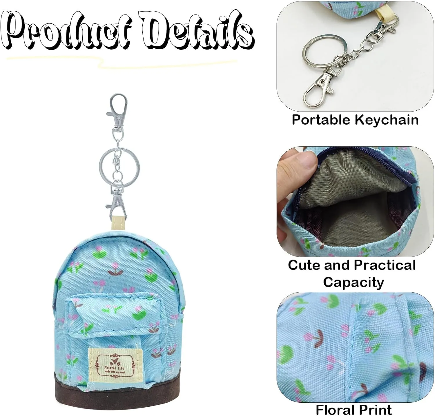 LYDZTION 3Pcs Mini Backpack Cute Cosmetic Bag for Women,Floral Canvas Makeup Bag Key Pocket Lipstick Bag Card Holder Data Cable Organizer Zipper Pouch, Beige Pink Blue