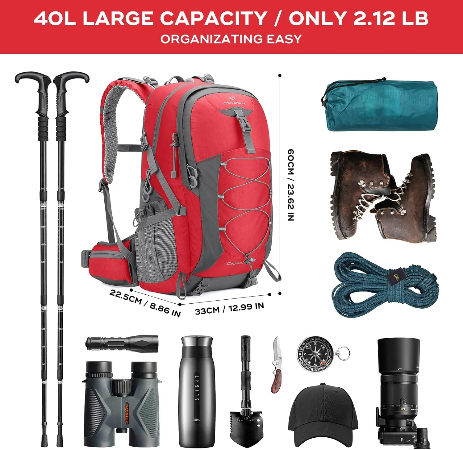 Maelstrom Hiking Backpack,Camping Backpack,40L Waterproof Hiking Daypack with Rain Cover,Lightweight Travel Backpack,Red
