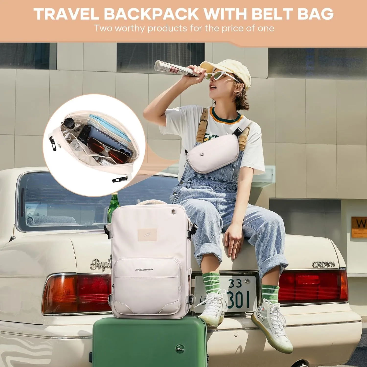 Maelstrom Travel Backpack for Men Women, 35L Carry on Backpack for Traveling on Airplane,with Belt Bag&Shoe Compartment,Waterproof Laptop Backpack fit 17”Laptop-Beige, Large