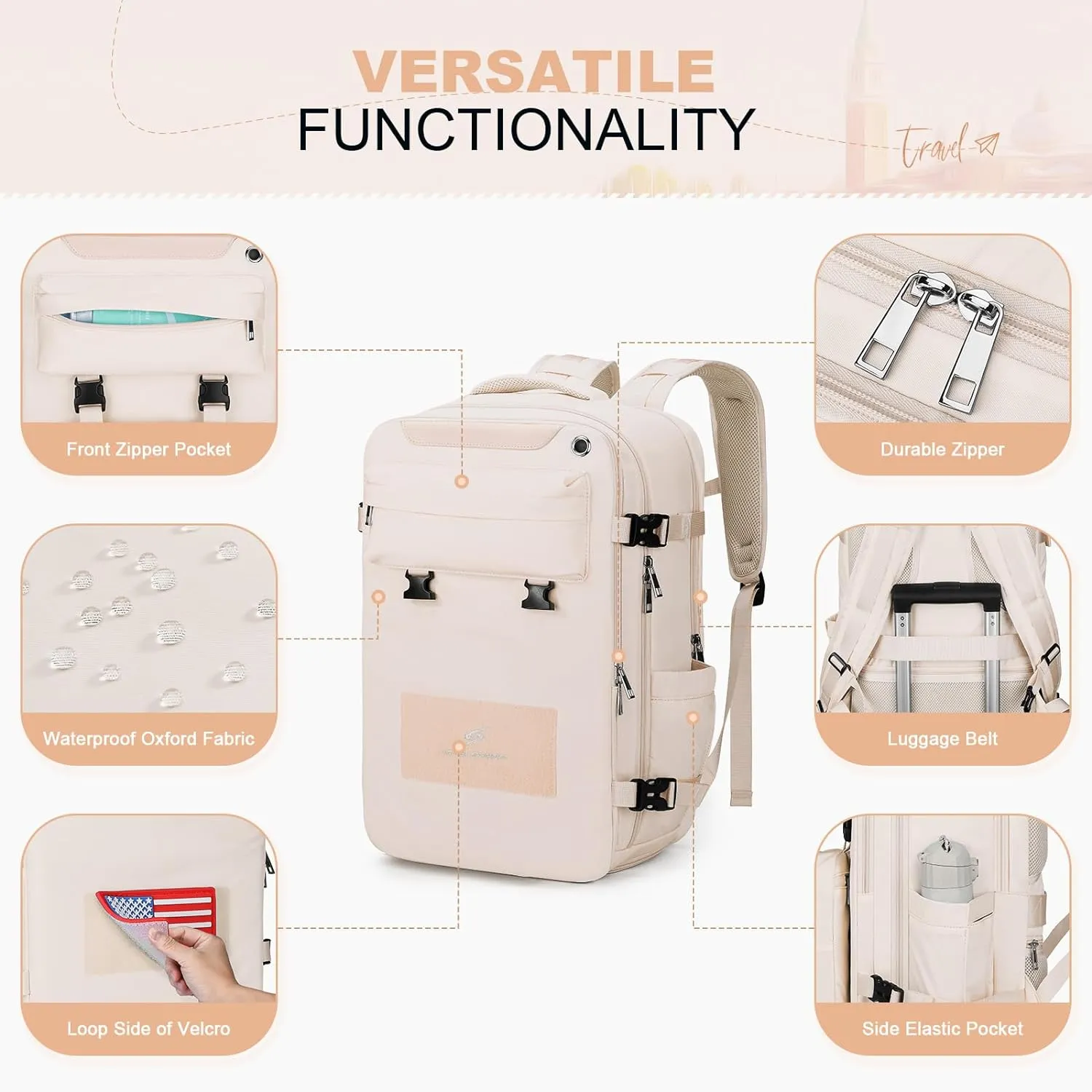 Maelstrom Travel Backpack for Women Men,35L Laptop Backpack Fits 17-Inch Laptop,Waterproof Carry On Backpack for Airplanes with Detachable Crossbody Bag&Shoe Compartment,Beige, Large