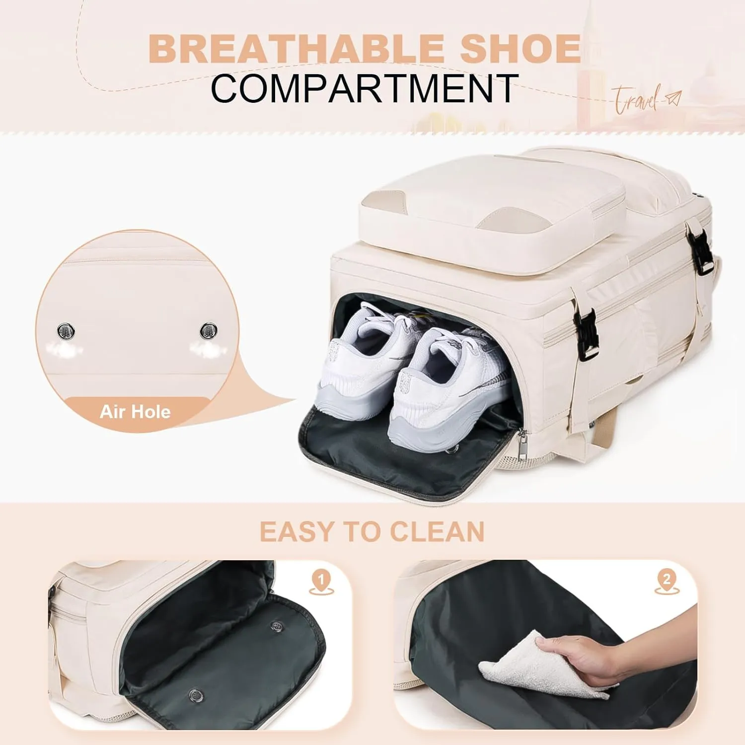 Maelstrom Travel Backpack for Women Men,35L Laptop Backpack Fits 17-Inch Laptop,Waterproof Carry On Backpack for Airplanes with Detachable Crossbody Bag&Shoe Compartment,Beige, Large