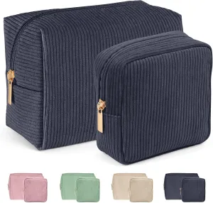 MAGEFY Makeup Bag for Purse, 2 Pcs Corduroy Cosmetic Bag for Girls Women Small Travel Makeup Pouch with Zipper (Grey)