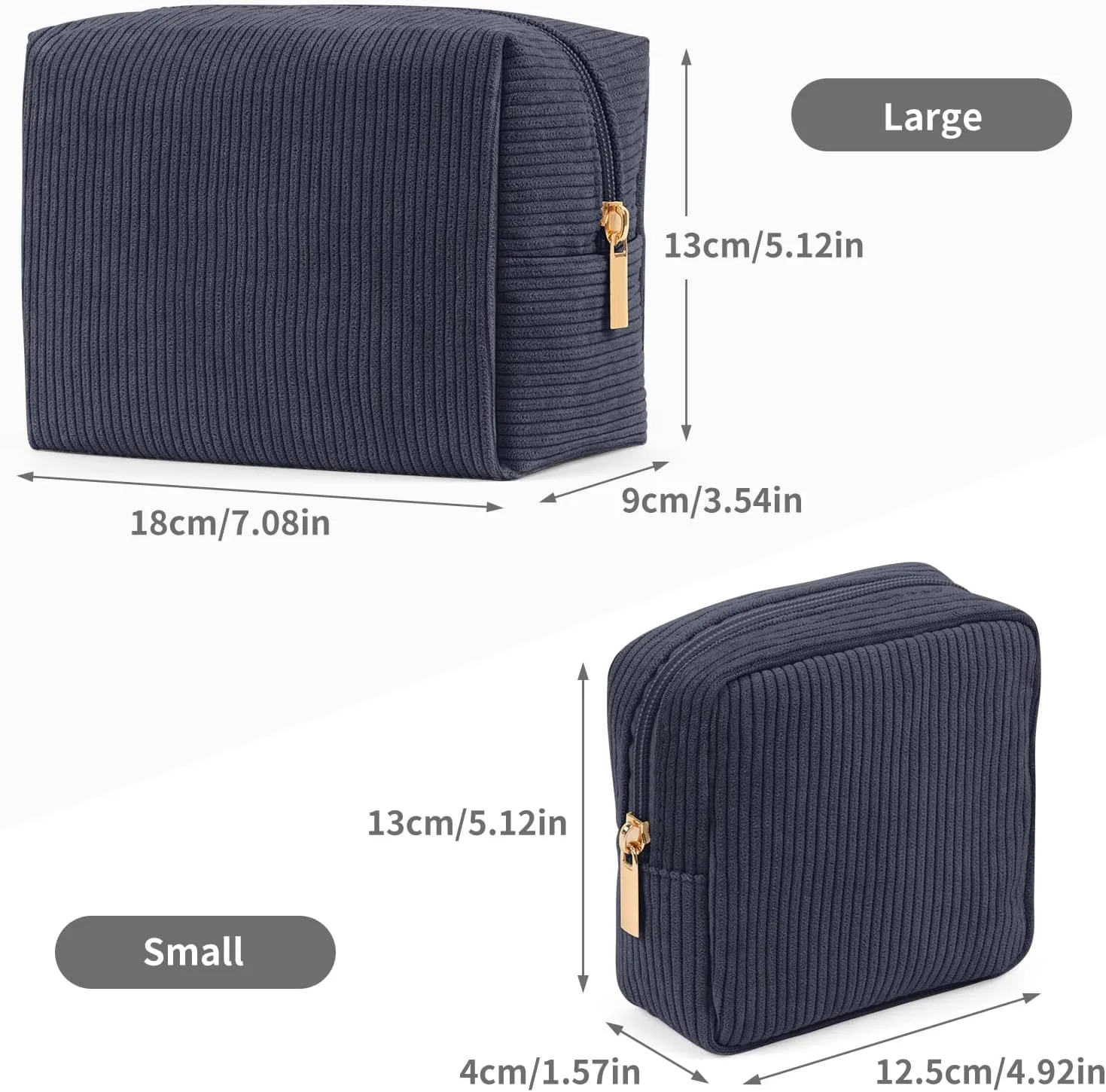 MAGEFY Makeup Bag for Purse, 2 Pcs Corduroy Cosmetic Bag for Girls Women Small Travel Makeup Pouch with Zipper (Grey)