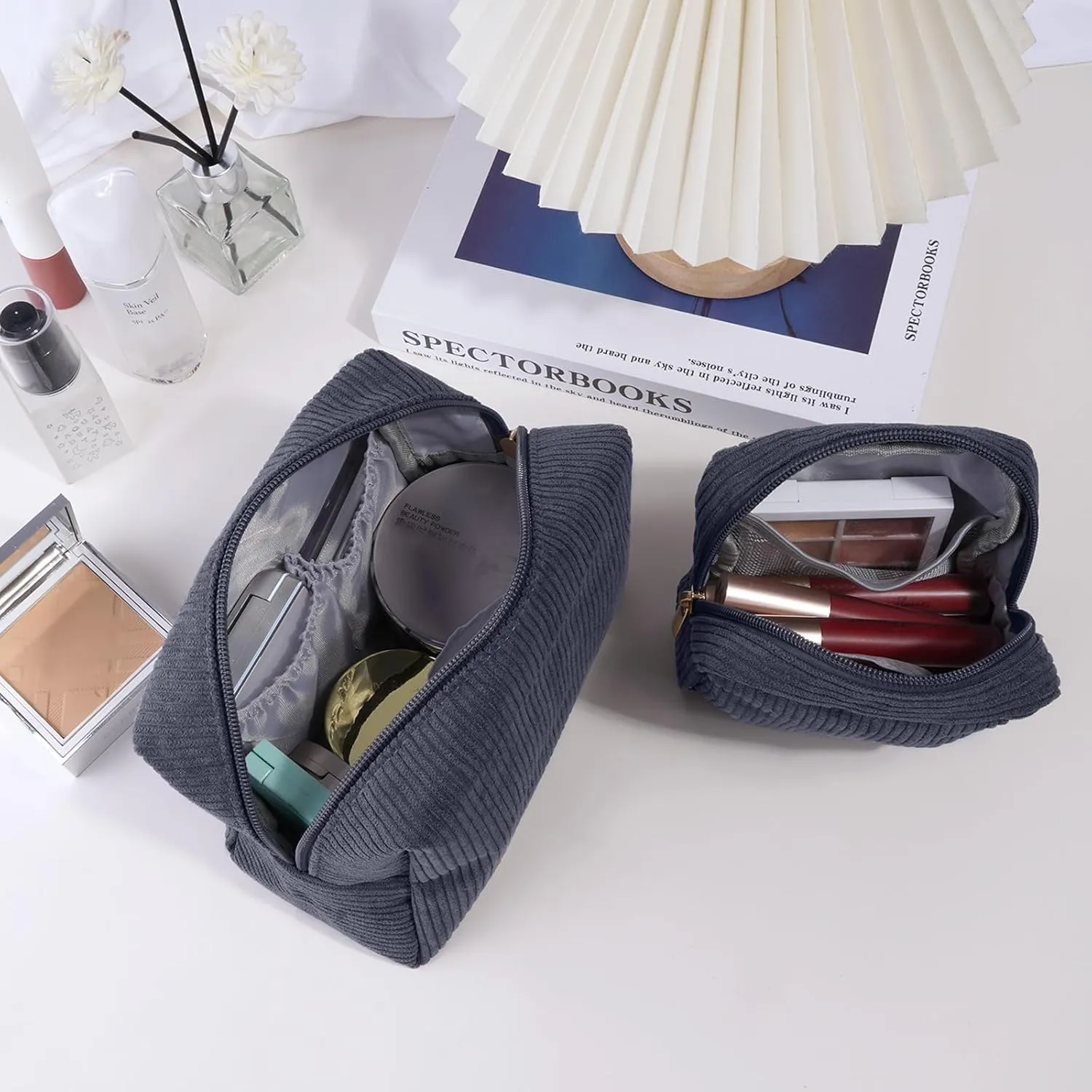 MAGEFY Makeup Bag for Purse, 2 Pcs Corduroy Cosmetic Bag for Girls Women Small Travel Makeup Pouch with Zipper (Grey)