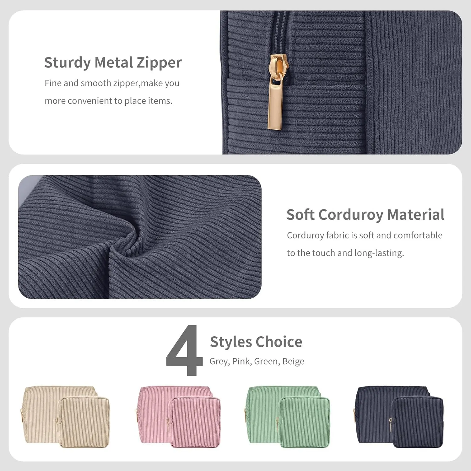 MAGEFY Makeup Bag for Purse, 2 Pcs Corduroy Cosmetic Bag for Girls Women Small Travel Makeup Pouch with Zipper (Grey)