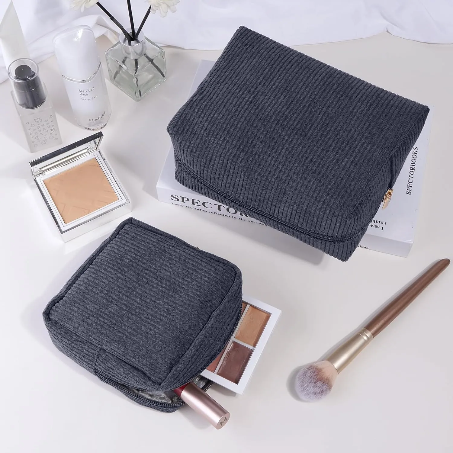 MAGEFY Makeup Bag for Purse, 2 Pcs Corduroy Cosmetic Bag for Girls Women Small Travel Makeup Pouch with Zipper (Grey)