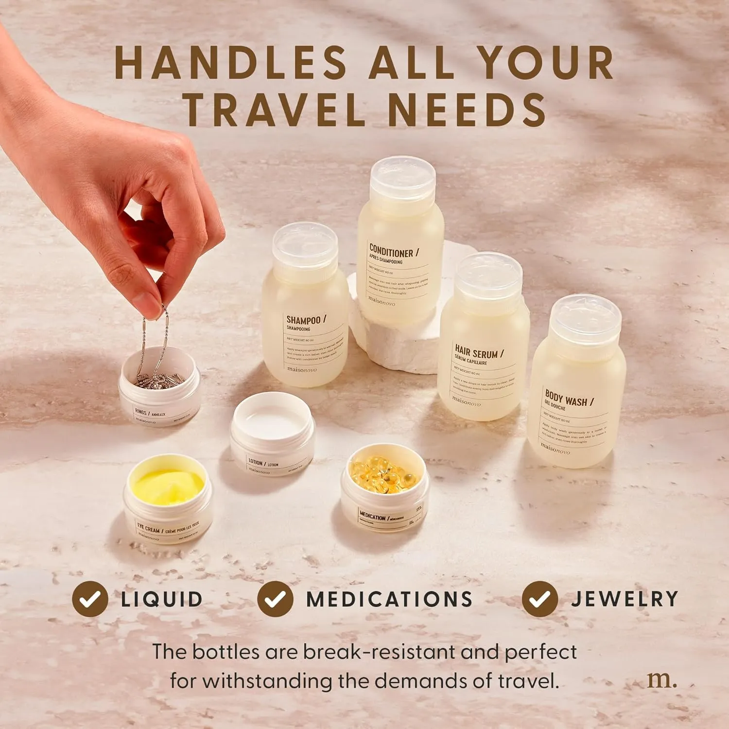 MAISONOVO Travel Bottles for Toiletries, TSA Approved, Leak Proof Refillable, Travel Size Containers and Bottles with Water Proof Toiletry Bag