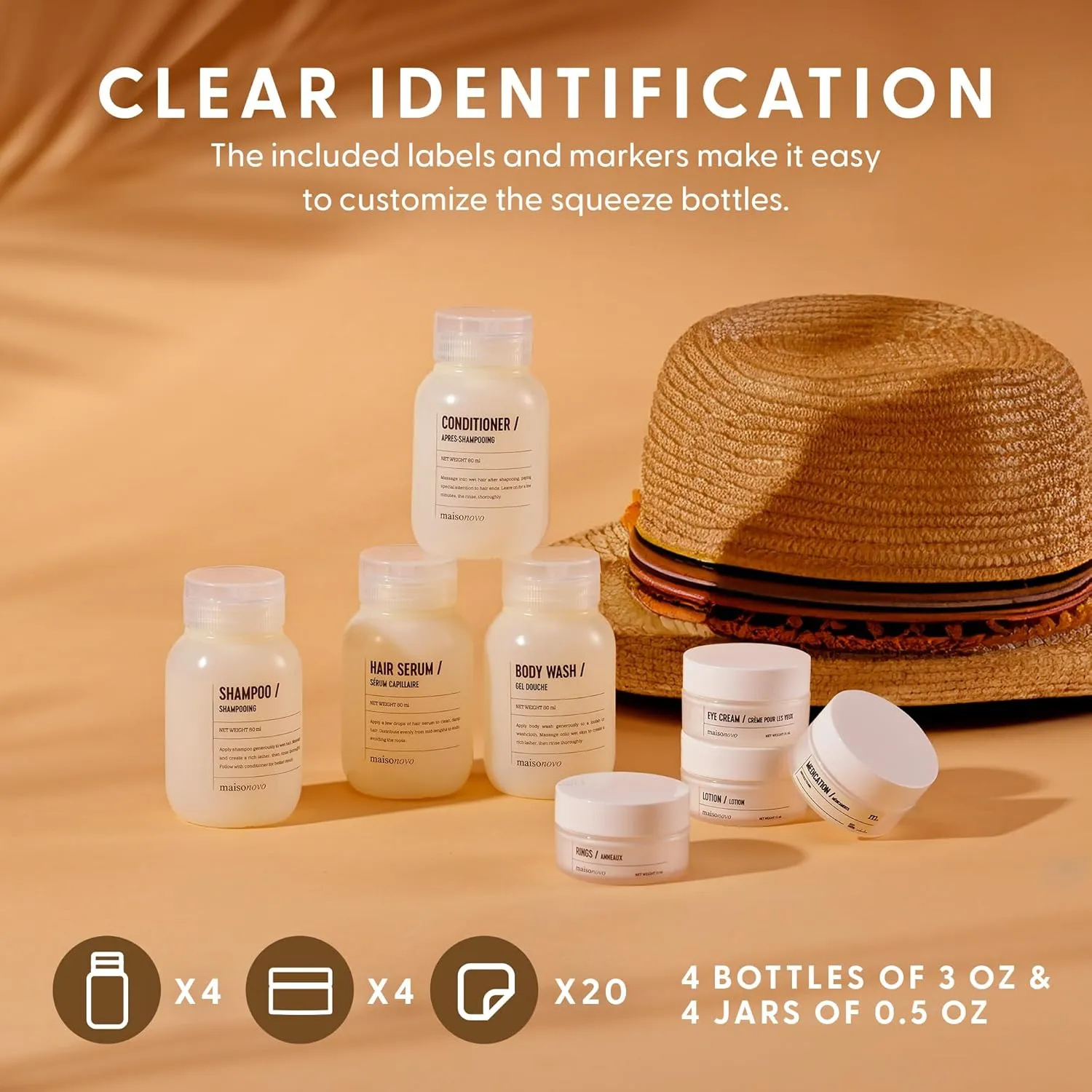 MAISONOVO Travel Bottles for Toiletries, TSA Approved, Leak Proof Refillable, Travel Size Containers and Bottles with Water Proof Toiletry Bag