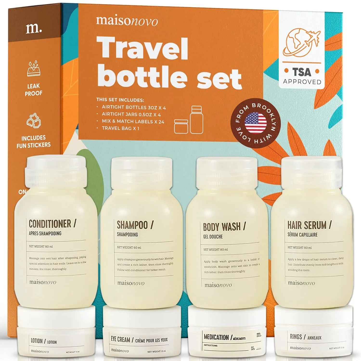 MAISONOVO Travel Bottles for Toiletries, TSA Approved, Leak Proof Refillable, Travel Size Containers and Bottles with Water Proof Toiletry Bag