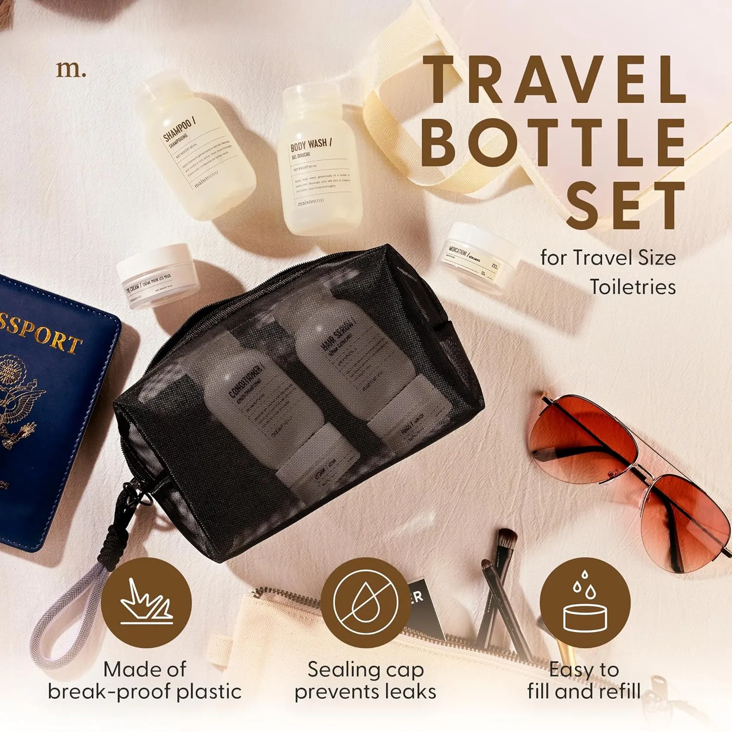 MAISONOVO Travel Bottles for Toiletries, TSA Approved, Leak Proof Refillable, Travel Size Containers and Bottles with Water Proof Toiletry Bag
