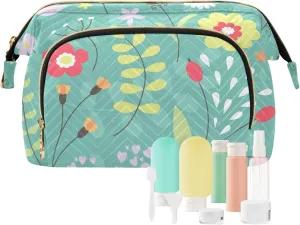 Makeup Bag Cosmetic Bag, Cute Green Floral in Bright Colors Large Capacity Travel Pouch Makeup Case Organizer for Women Toiletry Bag with Zipper for Ladies Girls