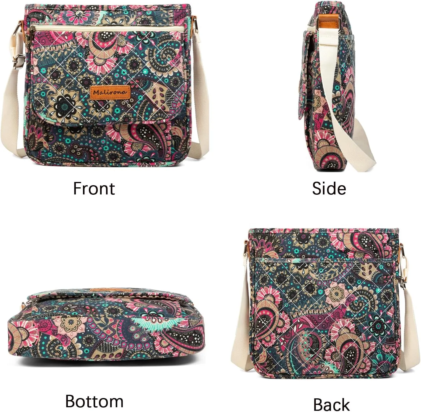 Malirona Women 's Durable Floral Crossbody Bag Canvas Messenger Handbag Multi Pocket Travel Satchel Purse