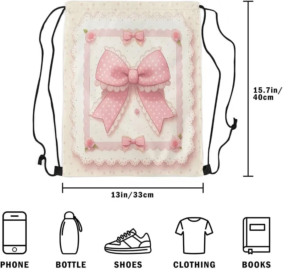Manfei Pink Bowknot Draw String Bag,Vintage Lace Polka Dots European Princess Drawstring Backpack for Gym Sports,Fairy Tale Cute Bow-tie Roses Beige Large Capacity Sackpack,Waterproof