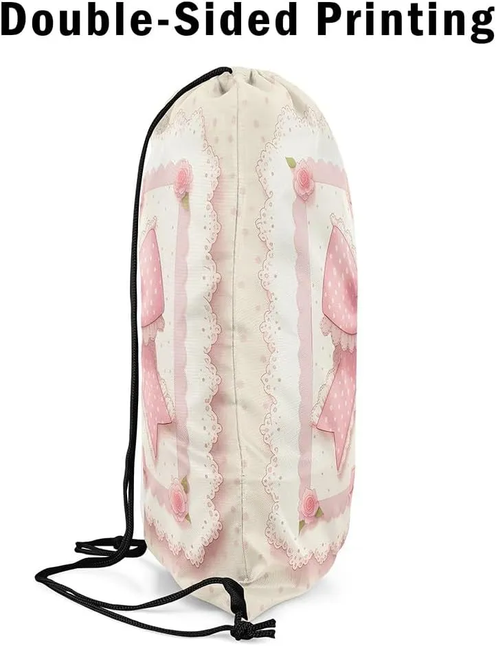 Manfei Pink Bowknot Draw String Bag,Vintage Lace Polka Dots European Princess Drawstring Backpack for Gym Sports,Fairy Tale Cute Bow-tie Roses Beige Large Capacity Sackpack,Waterproof