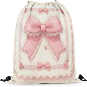 Manfei Pink Bowknot Draw String Bag,Vintage Lace Polka Dots European Princess Drawstring Backpack for Gym Sports,Fairy Tale Cute Bow-tie Roses Beige Large Capacity Sackpack,Waterproof