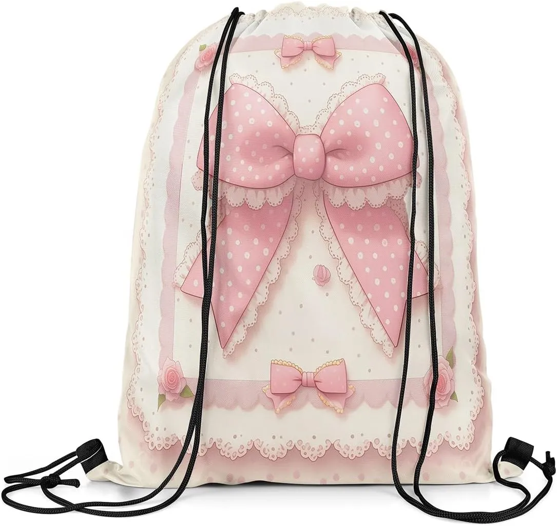 Manfei Pink Bowknot Draw String Bag,Vintage Lace Polka Dots European Princess Drawstring Backpack for Gym Sports,Fairy Tale Cute Bow-tie Roses Beige Large Capacity Sackpack,Waterproof