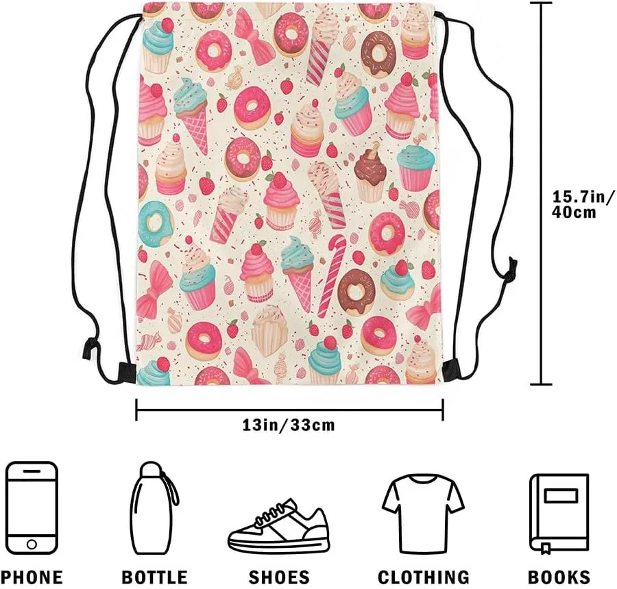 Manfei Sweet Dessert Drawstring Backpack Bag,Cute Ice-cream Donut Cake Food Drawstring Bag,Large Capacity Strawberry Fruit Graffiti Kawaii Pink Beige Adjustable Draw String Bag