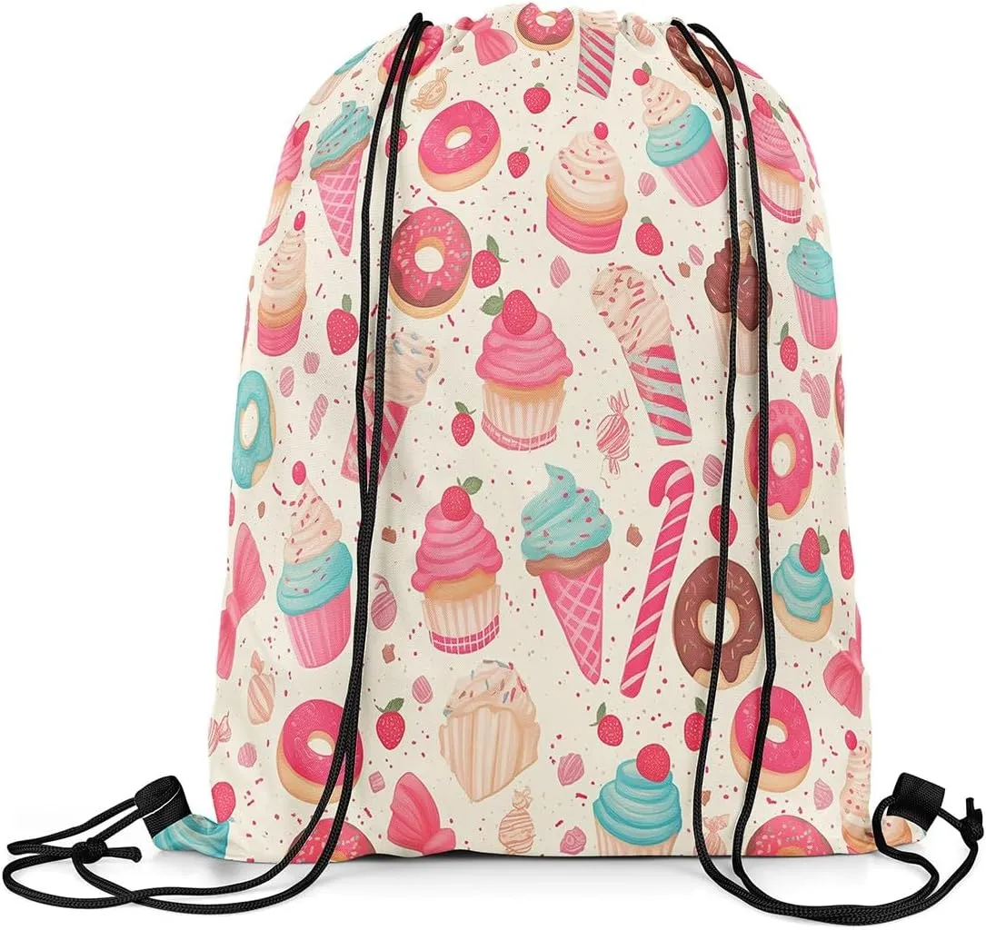 Manfei Sweet Dessert Drawstring Backpack Bag,Cute Ice-cream Donut Cake Food Drawstring Bag,Large Capacity Strawberry Fruit Graffiti Kawaii Pink Beige Adjustable Draw String Bag