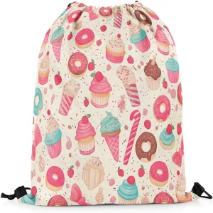 Manfei Sweet Dessert Drawstring Backpack Bag,Cute Ice-cream Donut Cake Food Drawstring Bag,Large Capacity Strawberry Fruit Graffiti Kawaii Pink Beige Adjustable Draw String Bag