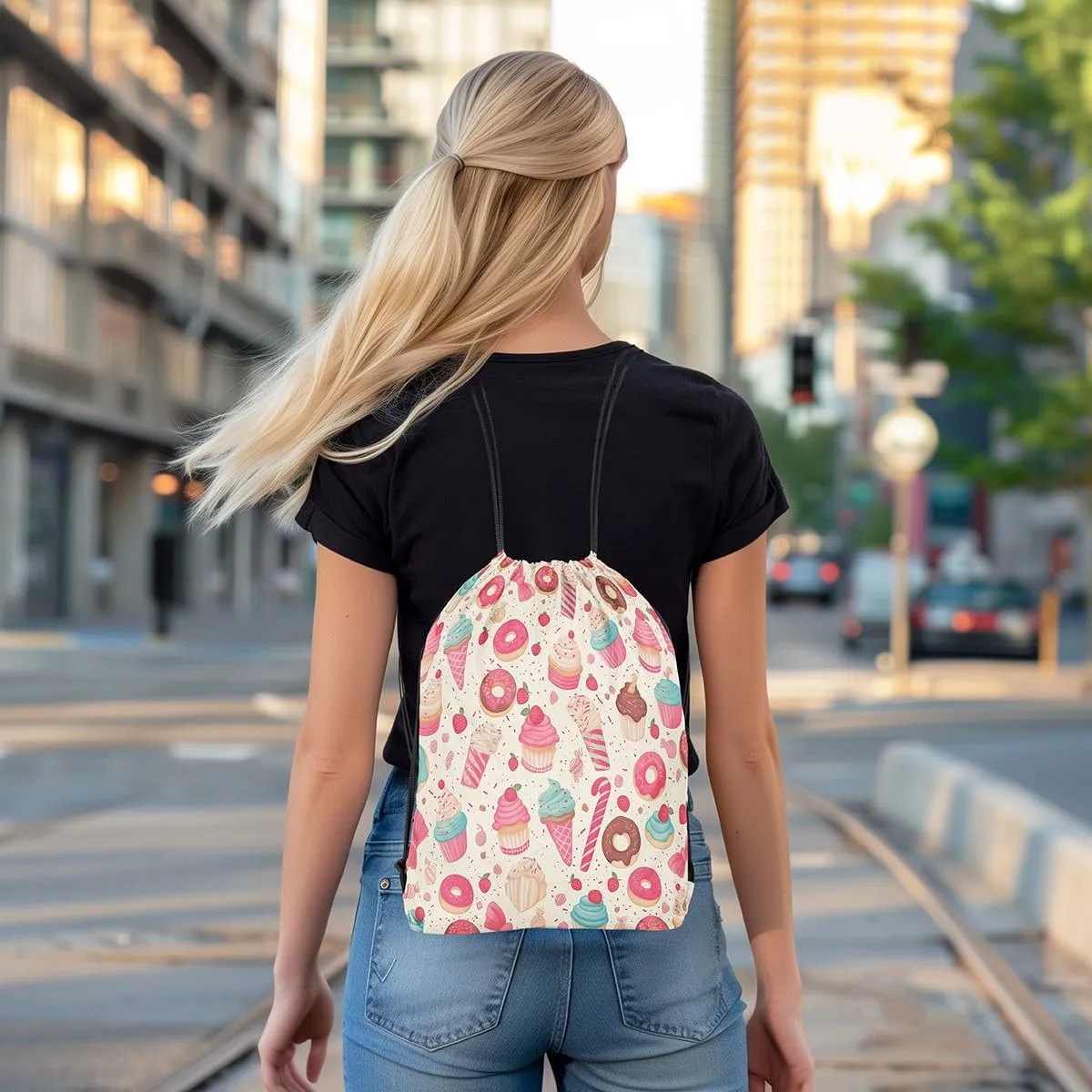 Manfei Sweet Dessert Drawstring Backpack Bag,Cute Ice-cream Donut Cake Food Drawstring Bag,Large Capacity Strawberry Fruit Graffiti Kawaii Pink Beige Adjustable Draw String Bag