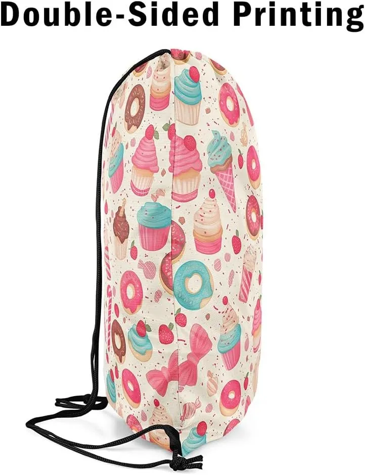 Manfei Sweet Dessert Drawstring Backpack Bag,Cute Ice-cream Donut Cake Food Drawstring Bag,Large Capacity Strawberry Fruit Graffiti Kawaii Pink Beige Adjustable Draw String Bag