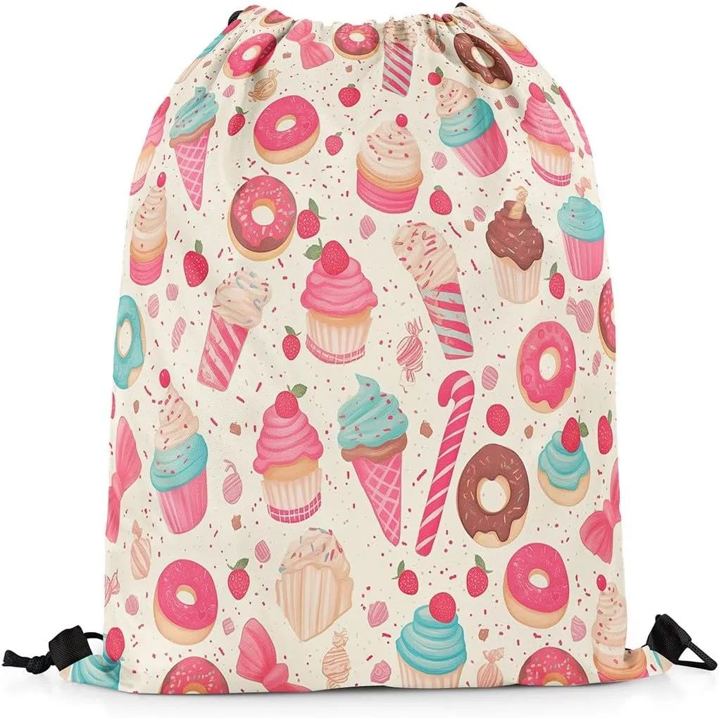 Manfei Sweet Dessert Drawstring Backpack Bag,Cute Ice-cream Donut Cake Food Drawstring Bag,Large Capacity Strawberry Fruit Graffiti Kawaii Pink Beige Adjustable Draw String Bag