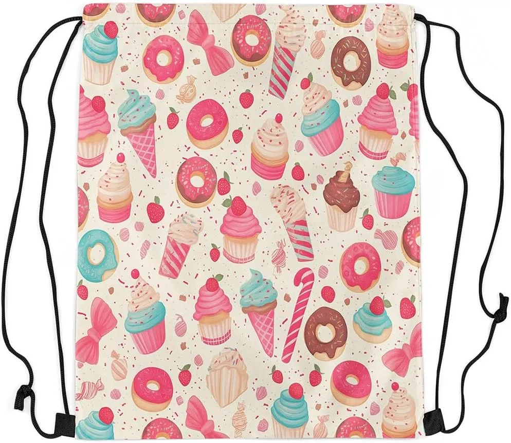Manfei Sweet Dessert Drawstring Backpack Bag,Cute Ice-cream Donut Cake Food Drawstring Bag,Large Capacity Strawberry Fruit Graffiti Kawaii Pink Beige Adjustable Draw String Bag