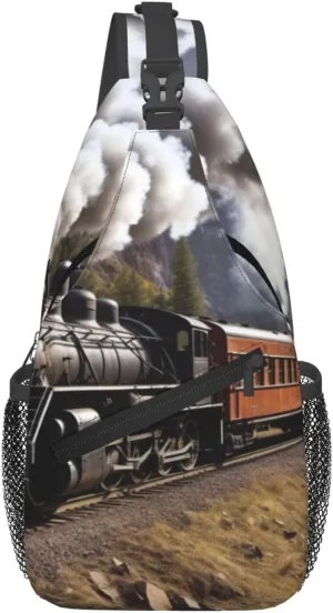 Man's Cross Chest Bag Diagonally Sling Backpack Shoulder Bag Steam Locomotive Train Sling Bag for Women Hiking Daypack