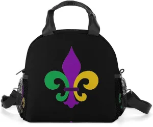 Mardi and Gras Fleur De Lis Portable Lunch Box Crossbody Bag Tote Insulated with Adjustable Strap Work Beach Picnic