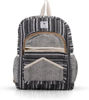Marubhumi Hemp Backpack Lightweight Traveling Backpack Cotton Stripe Daypack Handmade Himalayan Bohemain Backpack COMPACT BLACK Size:18" X 14" X 4" Inche