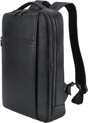 Masa Kawa Slim Genuine Leather Business Backpack 15.6" Laptop Bag for Men Women Office Work Travel Small Thin Computer Casual Daypack, Black