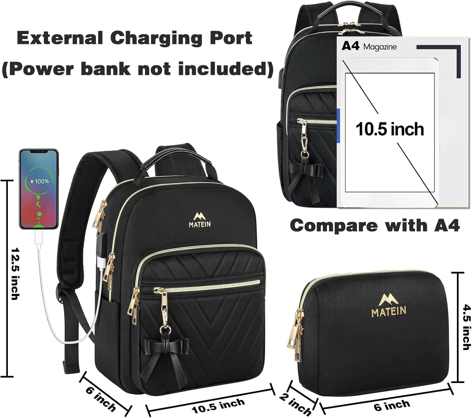 MATEIN Mini Backpack for Women, Waterproof Stylish Daypack Purse Shoulder Bag with USB Charging Port, Lightweight Small Casual Daily Travel Backpack, Lady Girls Gifts for Work School, 2pcs Sets, Black