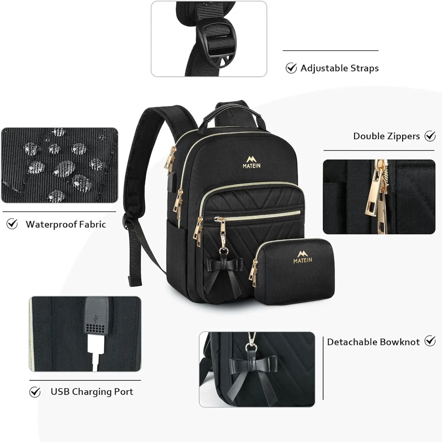 MATEIN Mini Backpack for Women, Waterproof Stylish Daypack Purse Shoulder Bag with USB Charging Port, Lightweight Small Casual Daily Travel Backpack, Lady Girls Gifts for Work School, 2pcs Sets, Black