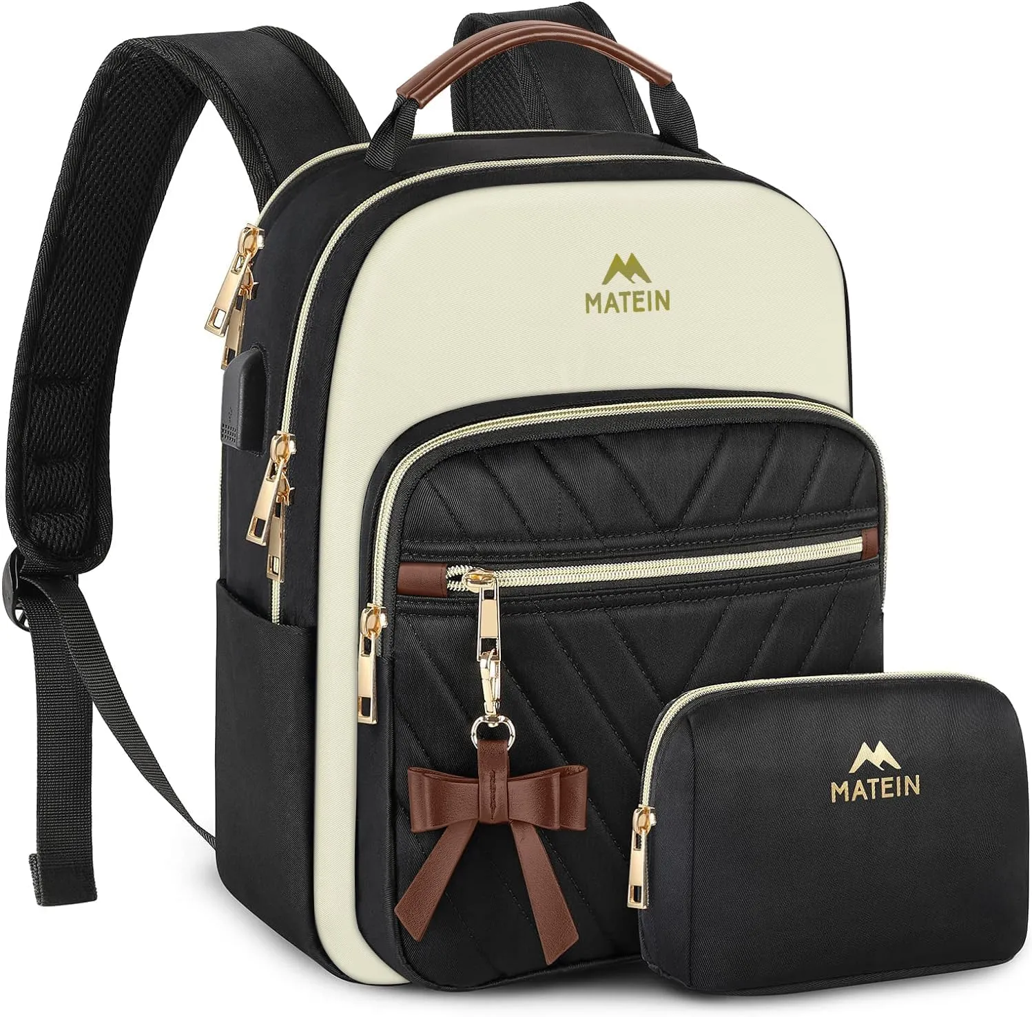 MATEIN Mini Backpack Purse for Women, Fashion Small Purse Backpack with USB Charging Port, Waterproof Casual Daily Cute Shoulder Bag Ladies Handbags for Travel Work College, 2pcs Sets, Black-Beige
