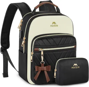 MATEIN Mini Backpack Purse for Women, Fashion Small Purse Backpack with USB Charging Port, Waterproof Casual Daily Cute Shoulder Bag Ladies Handbags for Travel Work College, 2pcs Sets, Black-Beige