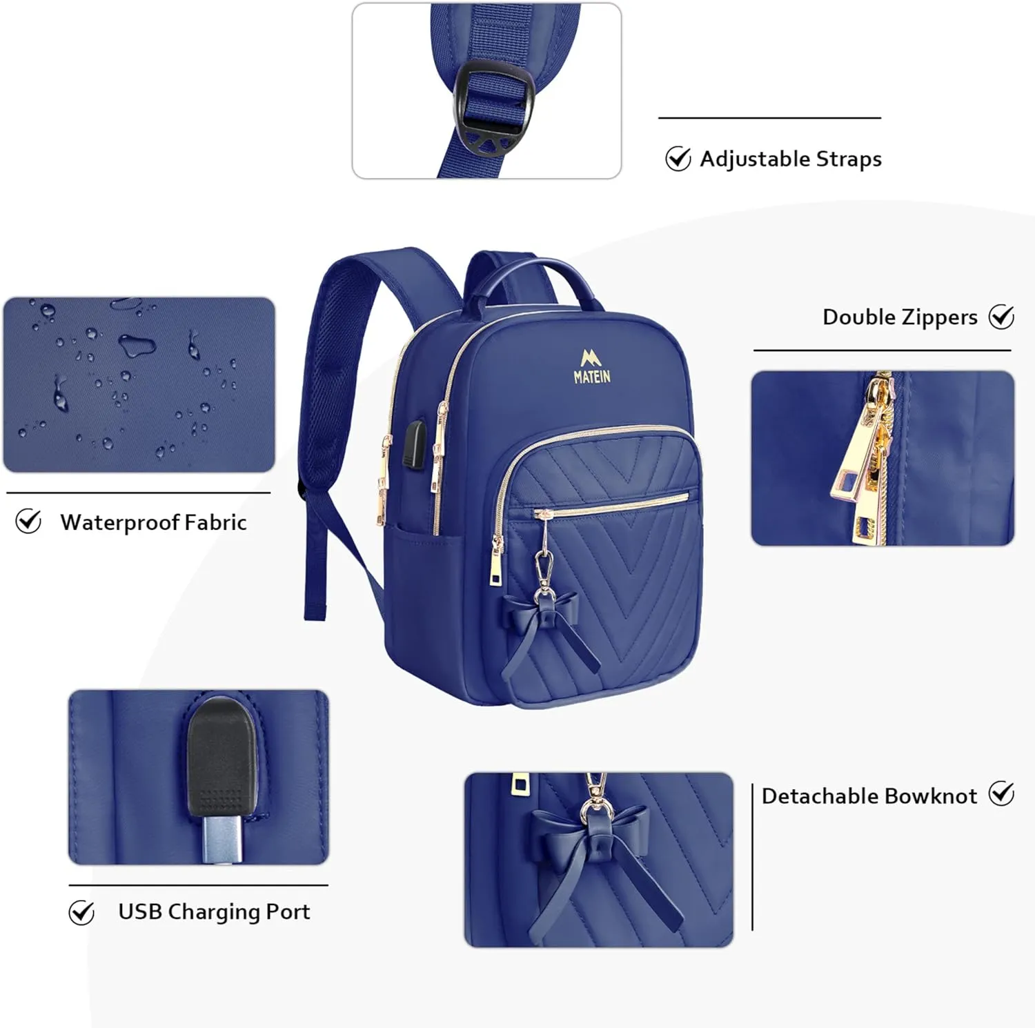 MATEIN Small Backpack Purse for Women, Cute Lightweight Mini Daypack with USB Charging Port, Fashion Waterproof Casual Daily Shoulder Bag, College School Bookbag for Ladies Teen Girls, 2pcs Sets, Blue
