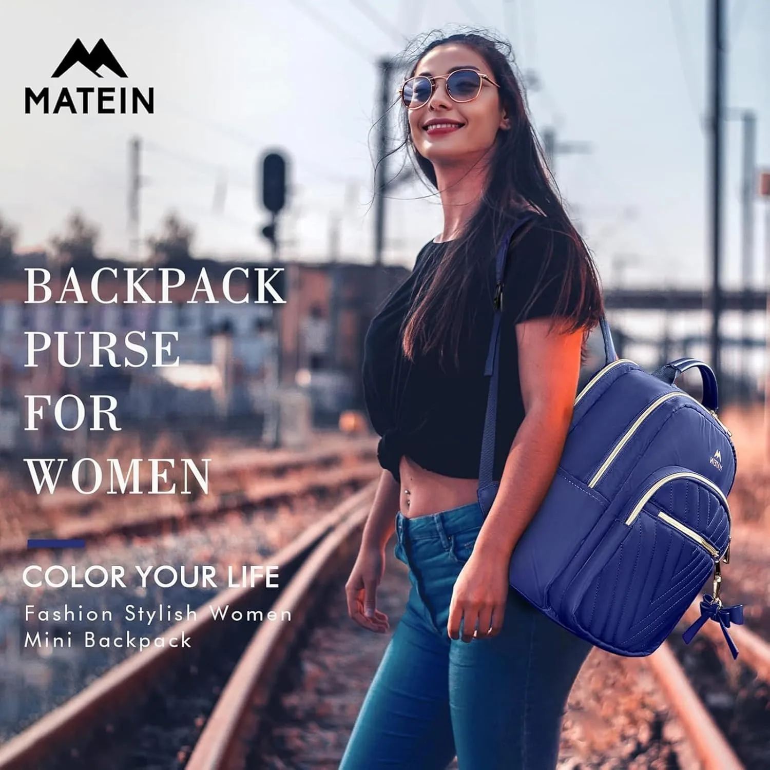 MATEIN Small Backpack Purse for Women, Cute Lightweight Mini Daypack with USB Charging Port, Fashion Waterproof Casual Daily Shoulder Bag, College School Bookbag for Ladies Teen Girls, 2pcs Sets, Blue