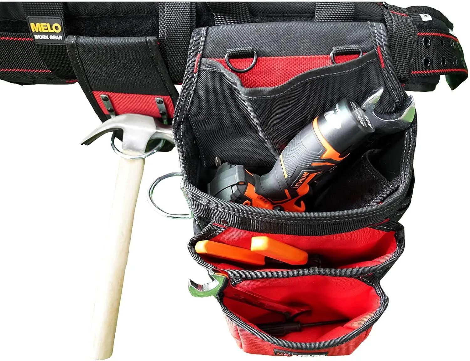 MELOTOUGH Pro Framer Combo System-Magnetic Tool Pouch Build Heavy Duty Carpenter Tool Belt and Multi Function Tool Belt Suspenders（red)