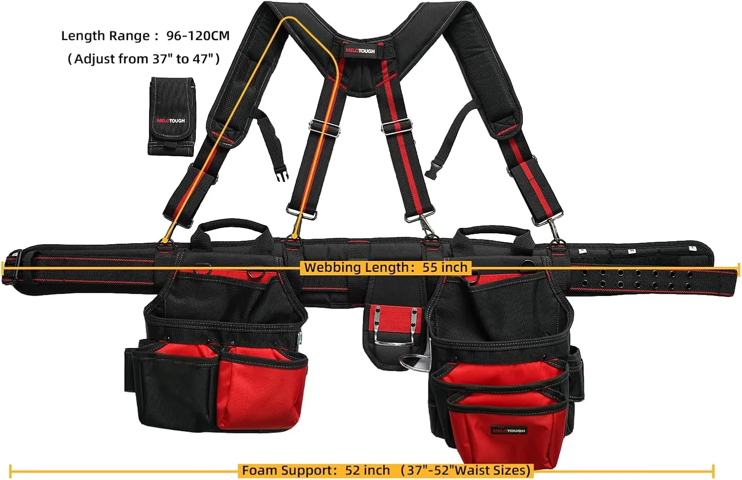 MELOTOUGH Pro Framer Combo System-Magnetic Tool Pouch Build Heavy Duty Carpenter Tool Belt and Multi Function Tool Belt Suspenders（red)