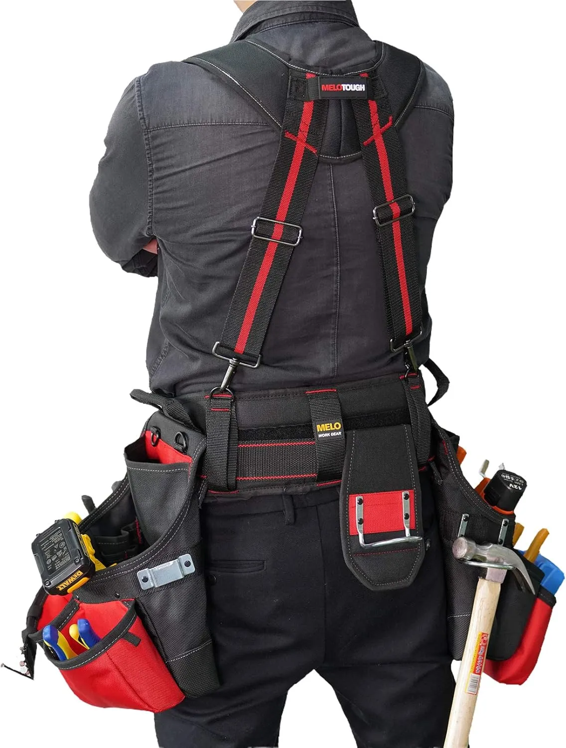 MELOTOUGH Pro Framer Combo System-Magnetic Tool Pouch Build Heavy Duty Carpenter Tool Belt and Multi Function Tool Belt Suspenders（red)