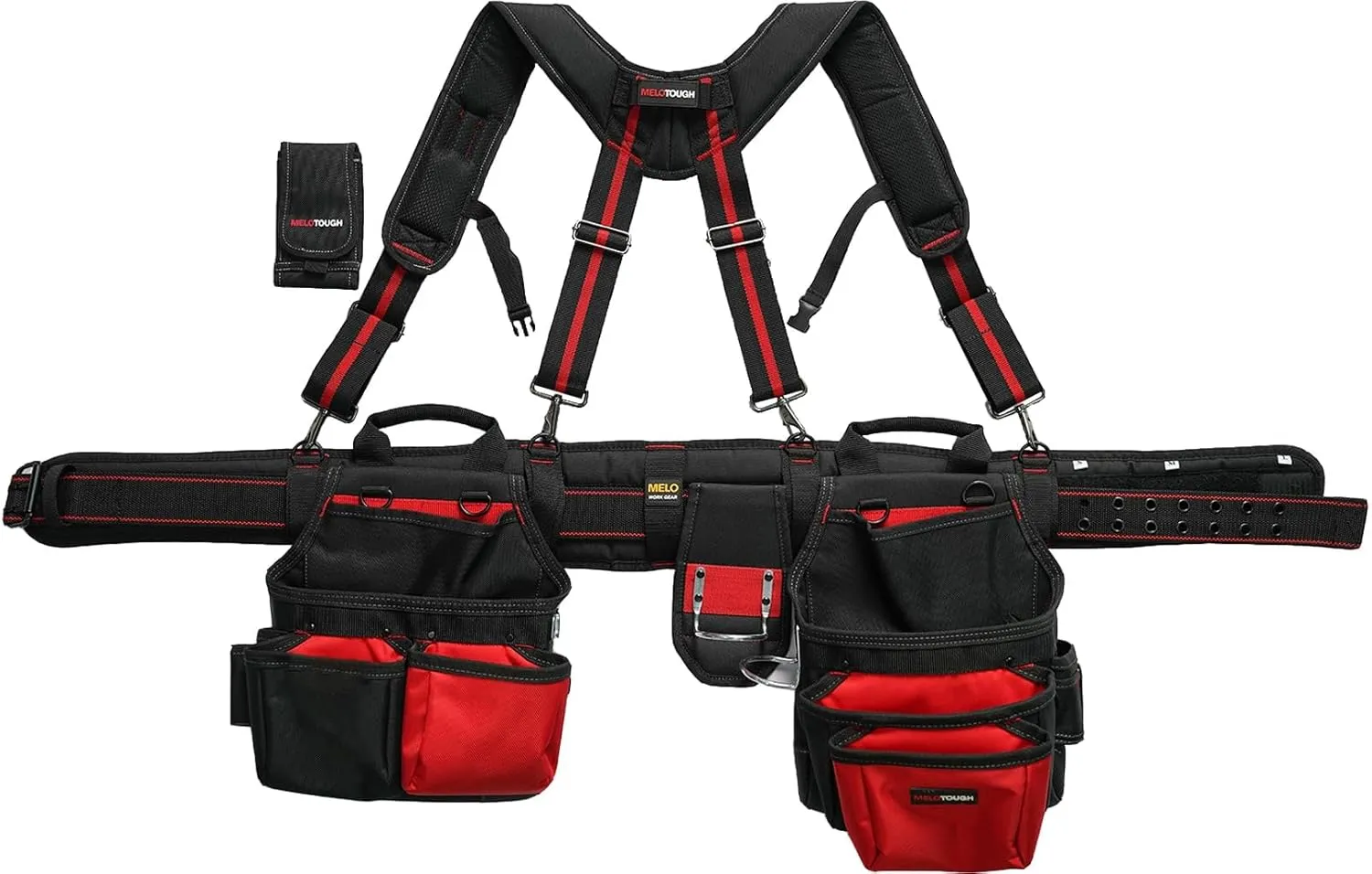MELOTOUGH Pro Framer Combo System-Magnetic Tool Pouch Build Heavy Duty Carpenter Tool Belt and Multi Function Tool Belt Suspenders（red)